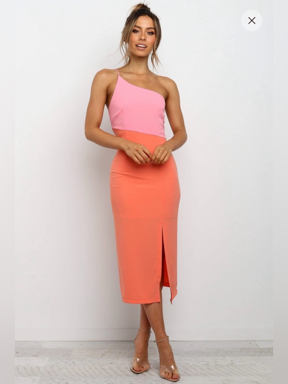 Petal + Pup Pink & Orange Colorblock Vaca Wedding Guest One Shoulder Midi Dress - Picture 10 of 12